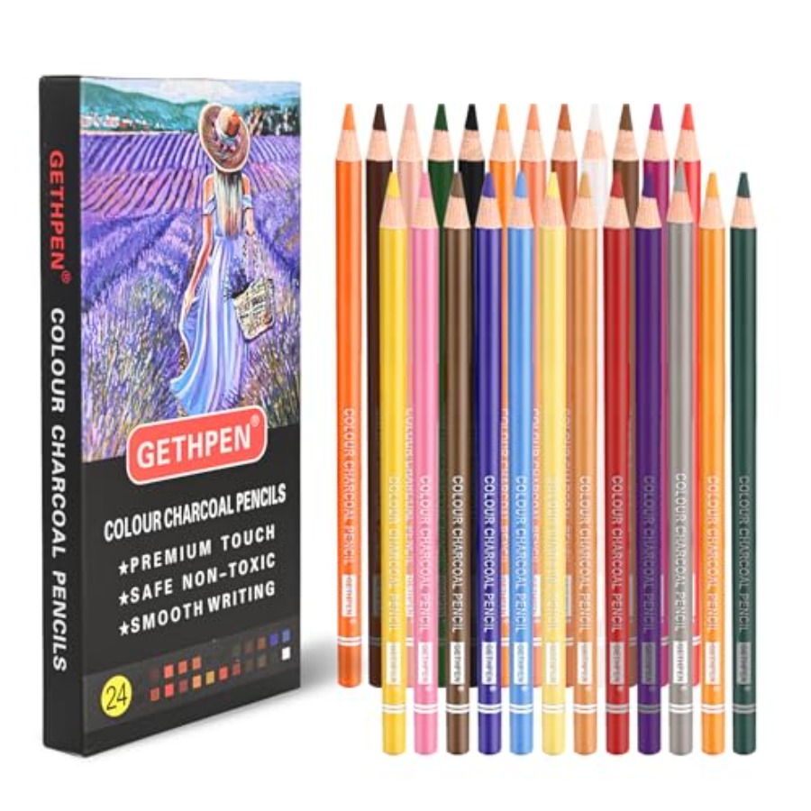 Chalk Pastel Set - 色付き木炭鉛筆描画セット、24色の肌色パステルチョーク鉛筆、描画、スケッチ、シェーディング、着色、レイヤー作成用
