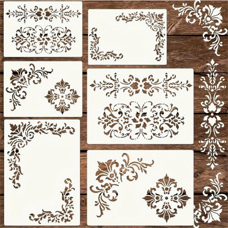 Art Craft Furniture - 6 個の花柄コーナーステンシル絵画テンプレート用ヴィンテージダマスクボーダーステンシル DIY テンプレート木製家具壁アート工芸品用