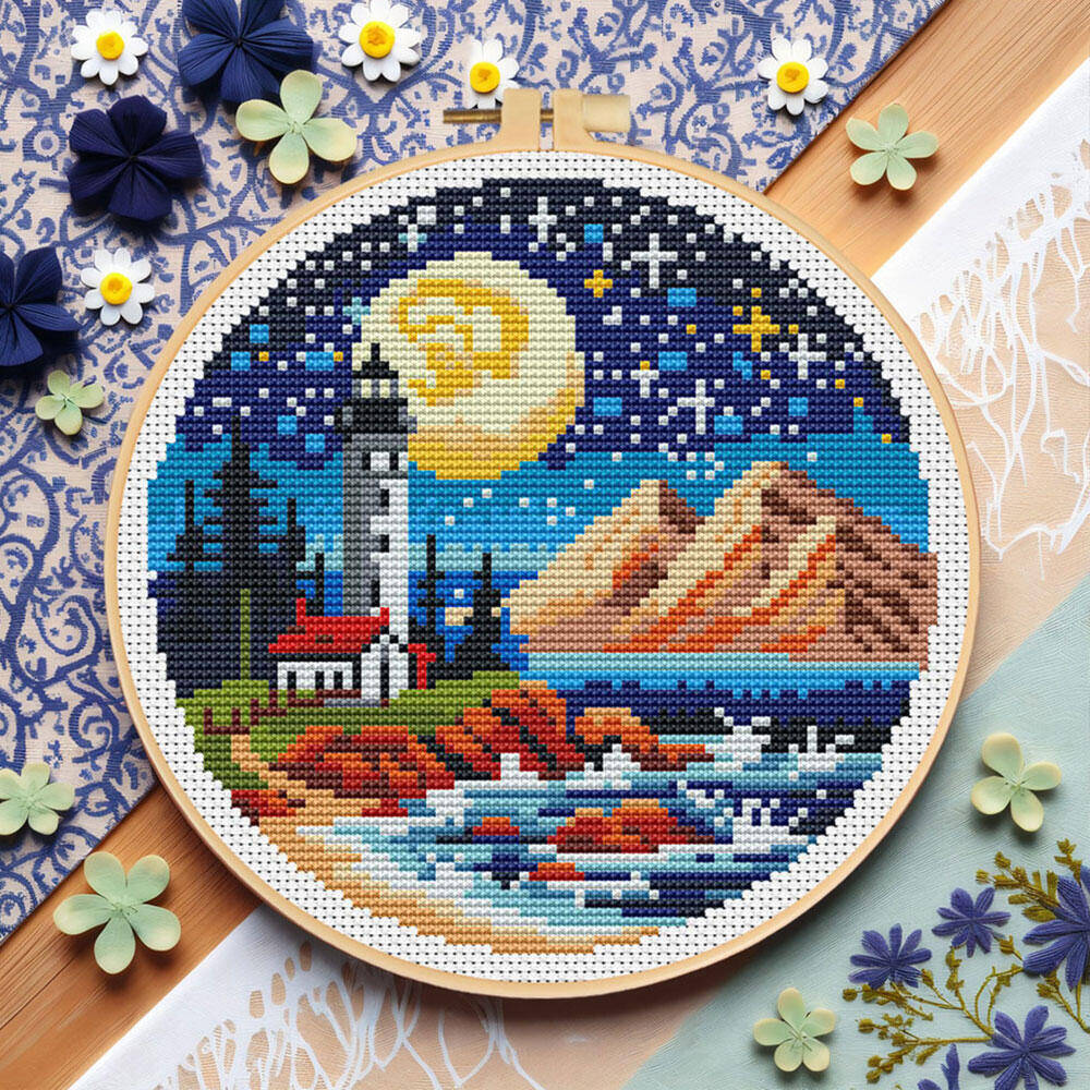 Embroidery Hoop Kit - クロスステッチ灯台海月 DIY 刺繍風景風景山素材パッケージフープキット手作りギフト