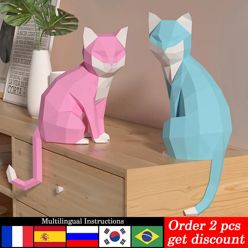 Art Craft With Cardboard - 1 ペア愛好家猫動物装飾ホーム折り紙ピンクローポリ紙モデル、3D ペーパークラフトアート、手作り DIY ティーン大人クラフト RTY201