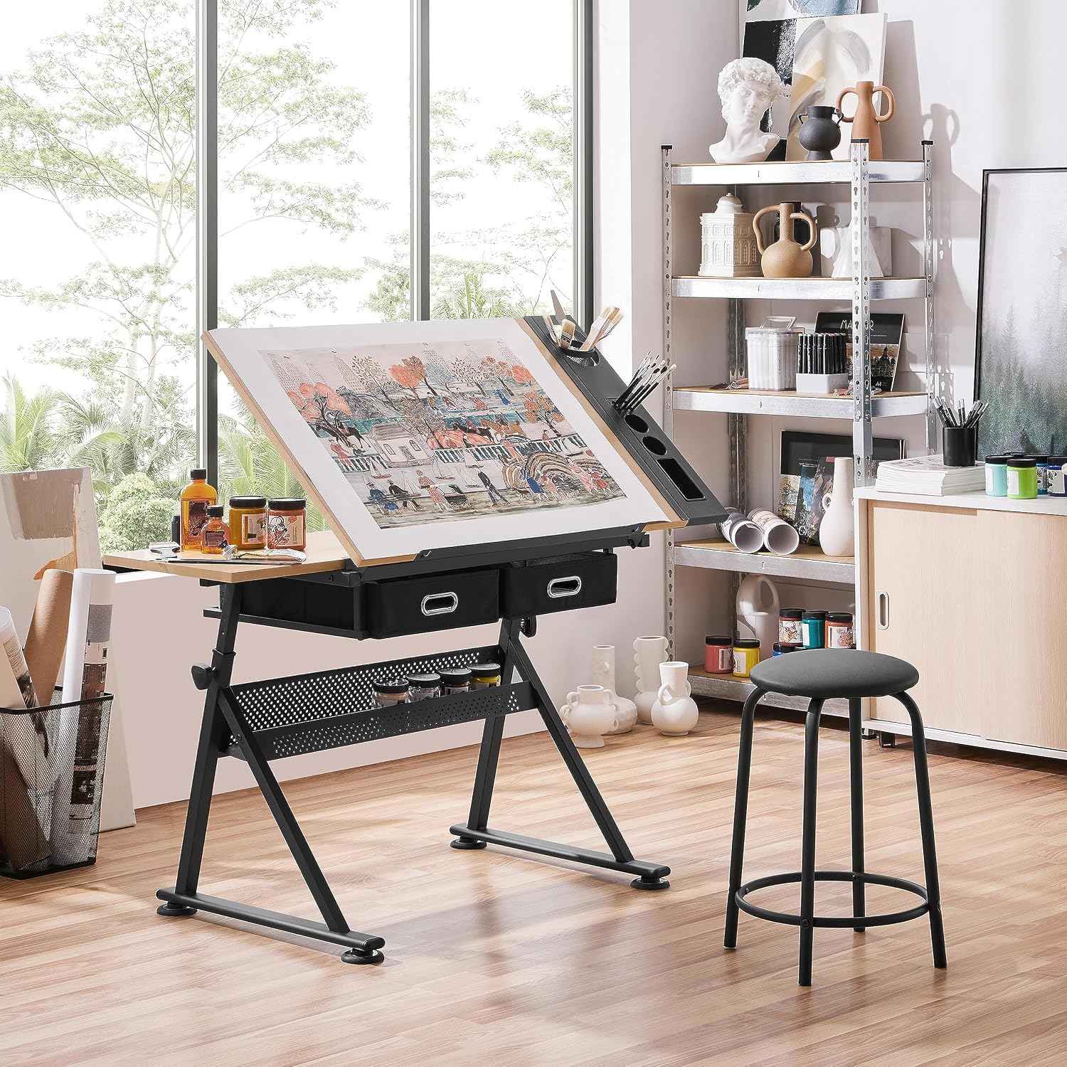 調整可能な製図台アートデスク（お揃いのスツール付き）、傾斜式 - Art Craft Usa のレビューと価格